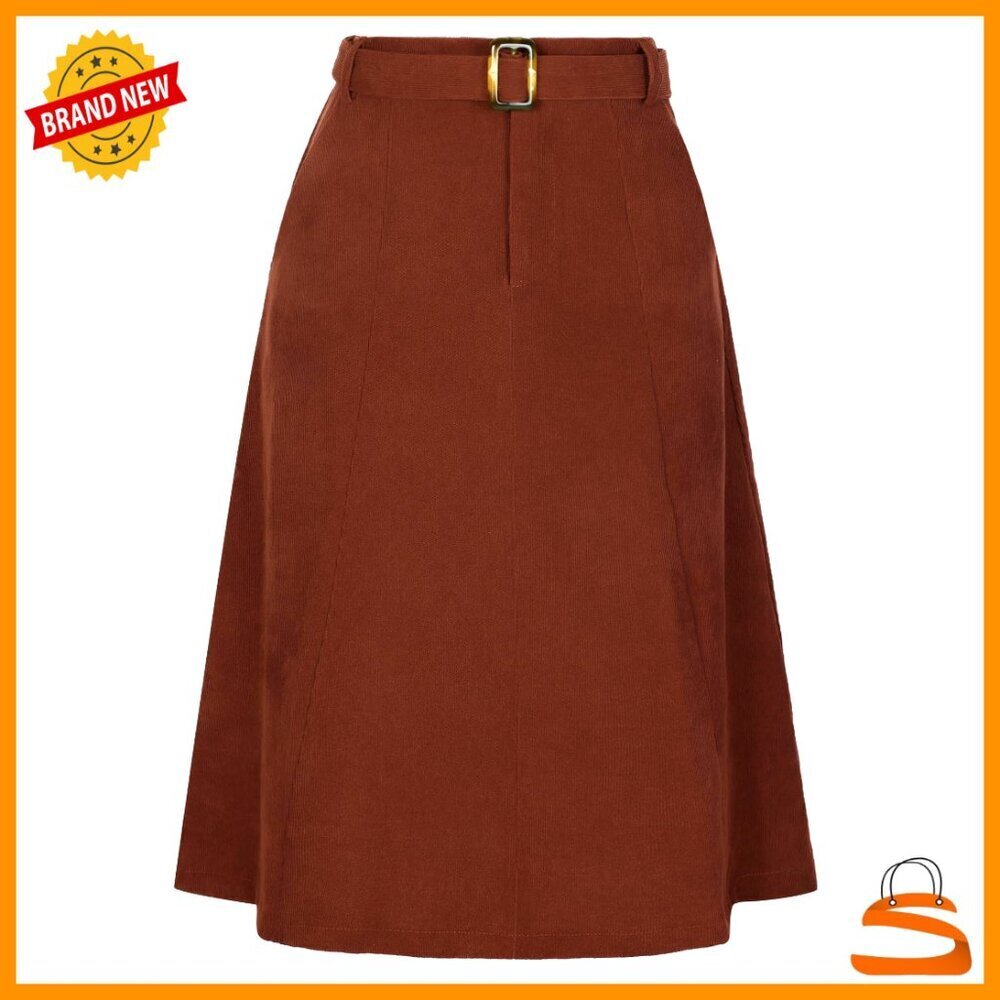 Corduroy Midi Skirt High Waist A-Line Elastic Back Chic Fall Winter Casual